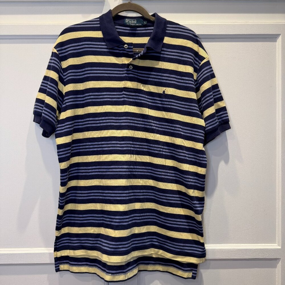 Polo Ralph Lauren Striped Polo Shirt Mens Size Large Blue & Yellow Cotton Pony